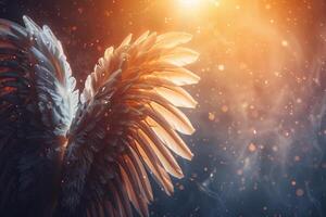 Delicate angel wings with intricate feather details rise majestically against a dreamy backdrop, illuminated by warm, glowing light and swirling, ethereal mist photo