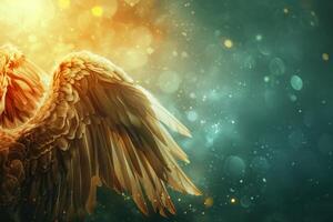 Exquisite golden angel wings are featured prominently against a dreamy background filled with soft glowing lights, creating a mystical atmosphere photo