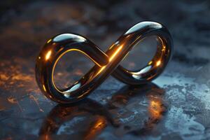 The shiny infinity symbol is showcased on a textured surface, casting reflections and creating an intriguing visual, symbolizing timelessness and continuity in design photo