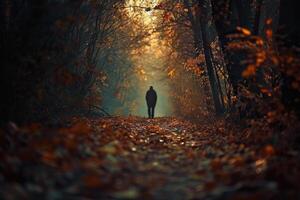 Amidst a vibrant autumn landscape, a lone person strolls along a leaf-covered trail, surrounded by tall trees and a warm golden glow as the sun begins to set photo