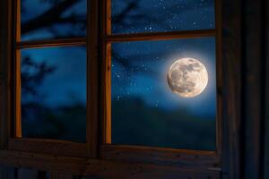 A full moon shines brightly in the night sky, visible through a rustic wooden window. The tranquil atmosphere creates a sense of peace and wonder photo