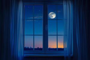 The view from the window reveals a radiant full moon shining brightly in the night sky, surrounded by stars, with a calming landscape fading into dusk in the background photo