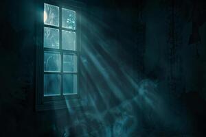 Rainy night creates a haunting atmosphere as soft rays of light pierce through an old window, illuminating dust particles in an abandoned room photo