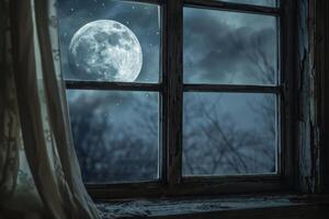 The bright full moon illuminates the night sky, casting a gentle glow through the old window, while clouds drift lazily across the scene, creating a tranquil atmosphere photo
