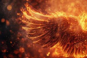 A majestic wing of a phoenix, engulfed in flames, radiates warmth and light. The fiery feathers shimmer vividly, evoking a sense of rebirth and transformation amidst enchanting sparks photo
