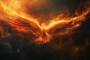 A mythical phoenix emerges from flames, its vibrant feathers glowing against a smoky sky, representing renewal and strength in a captivating display of fire and light photo