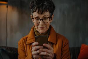 A woman in her sixties wearing a bright orange jacket enjoys using her smartphone, smiling softly as she engages with the device in a warm, inviting space photo