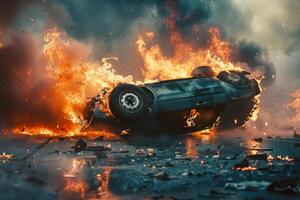 A car lies overturned and burning fiercely, with flames and smoke filling the air, creating a chaotic atmosphere on an empty road during the day photo