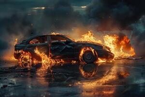 Flames consume an abandoned vehicle, creating a striking contrast against the ominous clouds as thick smoke billows into the twilight atmosphere photo