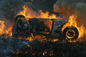 A car overturned in a grassy field is completely engulfed in flames at night, creating a dramatic and dangerous atmosphere with thick smoke rising photo