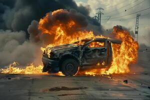 A car is engulfed in flames, with fire spreading rapidly around it on an empty street. Thick smoke rises into the air, creating a dramatic and intense atmosphere photo