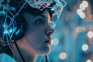 A young female researcher focuses intently while wearing advanced headgear in a dimly lit laboratory, surrounded by glowing equipment and lights photo