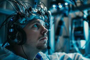 A person in a lab coat focuses intently on complex equipment, wearing a headset with various sensors, surrounded by intricate electronic devices and dim lighting photo