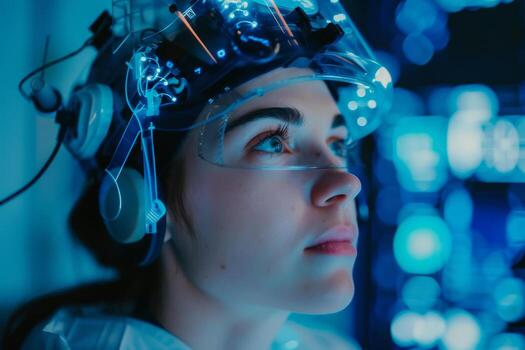 el investigador se enfoca atentamente mientras utilizando avanzado tecnología en un alta tecnología laboratorio, rodeado por iluminado pantallas y equipo en un futurista ajuste foto