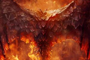 The dragon dominates the fiery scene with its sprawling wings, showcasing intricate details and a fierce presence amidst flames and smoke, captivating fantasy enthusiasts photo