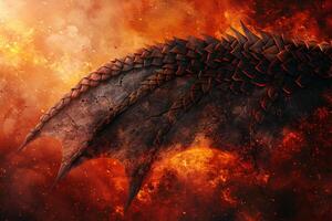 The scene captures the majestic wing of a dragon against a backdrop of intense fire and swirling smoke, evoking a sense of fantasy and power in a mythical landscape photo