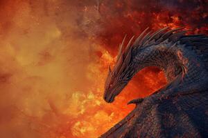 A massive dragon with intricate scales rises from a fiery background, surrounded by swirling smoke and embers, creating a scene of intense power and mythical allure photo