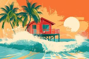A red house is floating on top of a wave in the ocean photo