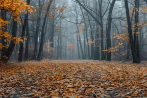 A peaceful forest pathway is lined with vibrant autumn leaves. The trees are enveloped in a thick fog, creating a serene and mysterious atmosphere in the early morning photo