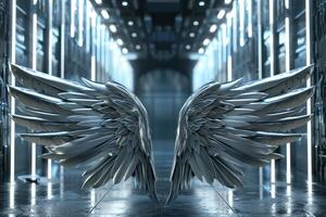 A pair of magnificent silver wings stands majestically in a corridor filled with bright ambient light photo