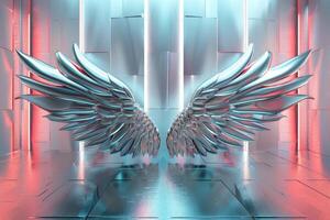 In a vivid setting featuring bright neon colors and modern textures, a pair of metallic angel wings stands majestically, reflecting light and creating a striking visual impact photo