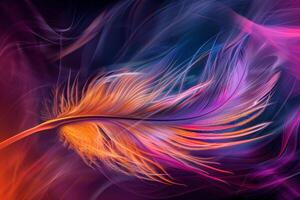 A delicate feather showcases a stunning array of colors, gently blending with swirling smoke, creating a captivating visual effect in a dark, illuminated background photo