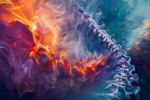 A stunning composition showcases a swirling array of vibrant colors, evoking the image of a spine entwined within fiery and mystical flames, creating a striking visual experience photo