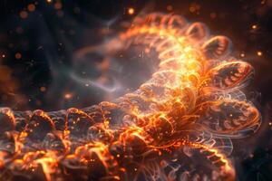 A vibrant display of swirling orange light forms intricate shapes, casting a warm glow in the darkness, captivating viewers with its fluid motion and energy photo
