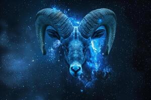 The striking head of a ram is prominently featured against a stunning cosmic backdrop filled with swirling stars and brilliant blue colors, creating a mesmerizing visual effect photo