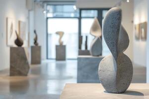 A room with several sculptures on pedestals, one of which is a large photo