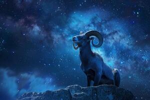 A ram stands proudly on a rocky ledge, illuminated by a stunning array of stars and cosmic colors, creating a breathtaking night landscape photo