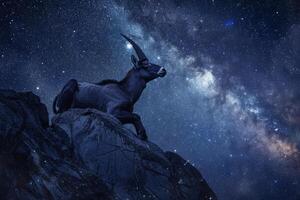 A mountain goat relaxes on a rocky ledge, gazing into a vast night sky. The backdrop features countless stars and a stunning display of the Milky Way, creating a serene atmosphere photo