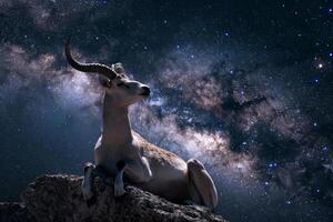 A gazelle rests on a rocky outcrop, looking up at a breathtaking night sky adorned with stars and the Milky Way, creating a tranquil and enchanting atmosphere photo