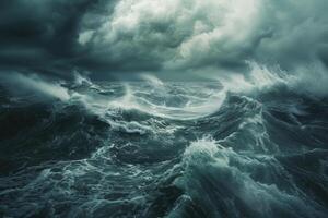 Raging waves swell and crash against each other, driven by fierce winds and tumultuous weather, creating a dramatic seascape filled with energy photo
