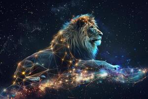 A lion resting gracefully on a cosmic landscape, surrounded by stars and interconnected lines, showcases the majesty of nature intertwined with the universe photo