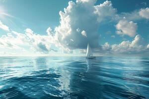 A serene scene captures a solitary sailboat gliding over calm ocean waters, reflecting the vibrant blue sky filled with soft, white clouds on a sunny afternoon photo