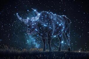The depiction shows a bull formed from shimmering stars, standing on a grassy field against a backdrop of a deep, dark sky filled with stars, creating a cosmic ambiance photo