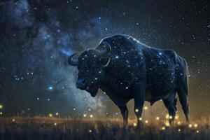 Under a starlit sky, a cosmic bull stands in an open field, surrounded by twinkling lights and the expansive beauty of the galaxy, creating a magical atmosphere photo