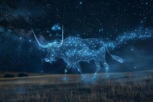 A luminous bull constellation shines brightly amidst the dark night sky, surrounded by a field of grass and twinkling stars, creating a magical atmosphere photo