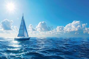 A sailboat navigates through serene blue waters, with the sun shining brightly above and fluffy clouds drifting in the clear sky, creating a peaceful atmosphere photo