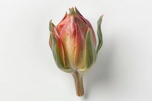 A vibrant bud emerges with shades of red and green, displaying its delicate structure and textures, set against a plain backdrop that enhances its natural beauty photo