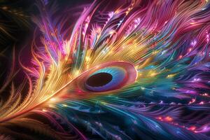 A stunning display of abstract art showcases peacock feathers bursting with vibrant colors and intricate designs, creating a mesmerizing visual experience photo
