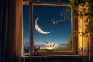 A crescent moon hangs brightly in a night sky filled with stars, seen through a window framed by soft curtains in a tranquil setting. The atmosphere is peaceful and inviting photo