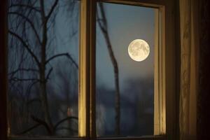 The bright full moon hangs in the night sky outside a window, illuminating the room with soft light and the silhouettes of bare branches, creating a tranquil atmosphere photo
