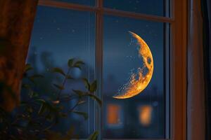 A captivating crescent moon emits a warm glow through a window, illuminating a quiet neighborhood at night, creating a tranquil and magical atmosphere photo
