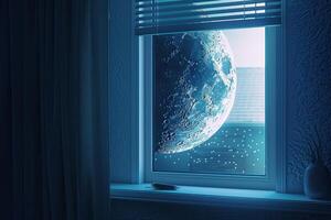 Gazing through a window reveals a majestic moon illuminated in a deep blue sky, casting a tranquil glow alongside twinkling stars, creating a peaceful nighttime ambiance photo