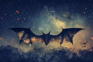 A dark bat gracefully soars across the night sky, surrounded by a tapestry of stars and vibrant nebulae, creating a mystical cosmic ambiance that captivates the eye photo
