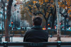 A man sits alone on a bench, gazing out at a vibrant autumn park filled with trees. The city lights begin to glow as dusk approaches, creating a calm atmosphere photo
