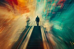 A figure climbs a staircase, surrounded by a captivating burst of colors and abstract patterns, evoking a sense of motion and energy in an urban environment photo