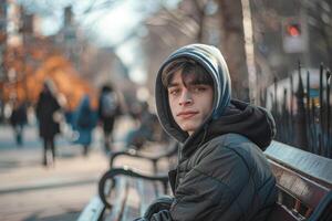 A young man in a black jacket and gray hoodie sits on a park bench, observing passersby on a bright, busy day, with autumn trees in the background photo